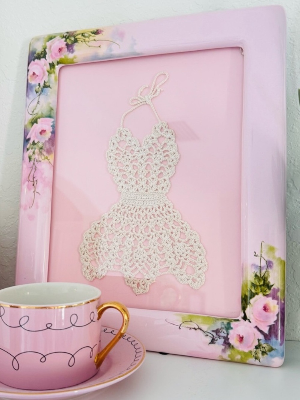 80s Porcelain Floral Frame With Vintage Crochet Dress
